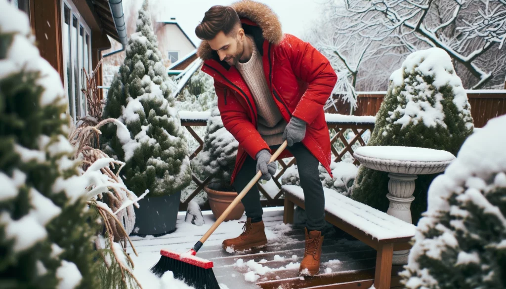 Photo of a Caucasian man with short hair, in his 30s, dressed in a vibrant red winter jacket, using a broom to vigorously clear the snow from his wooden deck.